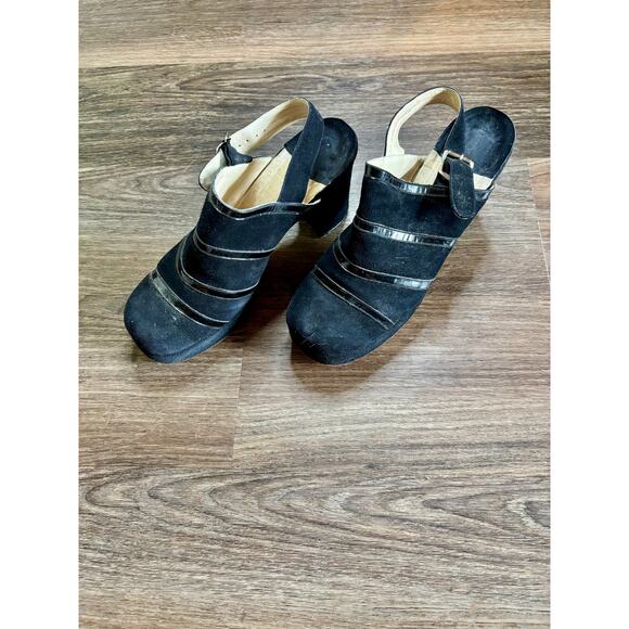 Vintage 1970s Faux Black Suede & Patent Leather Clogs Sling Back AS IS - Picture 2 of 11